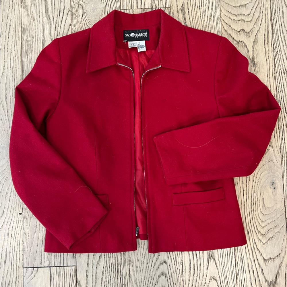 Sag Harbor 100% Wool Vintage Zip Up Lightweight Jacket, 6 Petite, Holiday Red